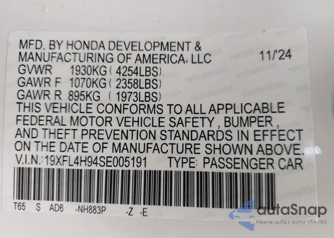 2025 Honda Civic Hybrid Sport Touring z USA, uszkodzony, nr VIN 19XFL4H94SE005191